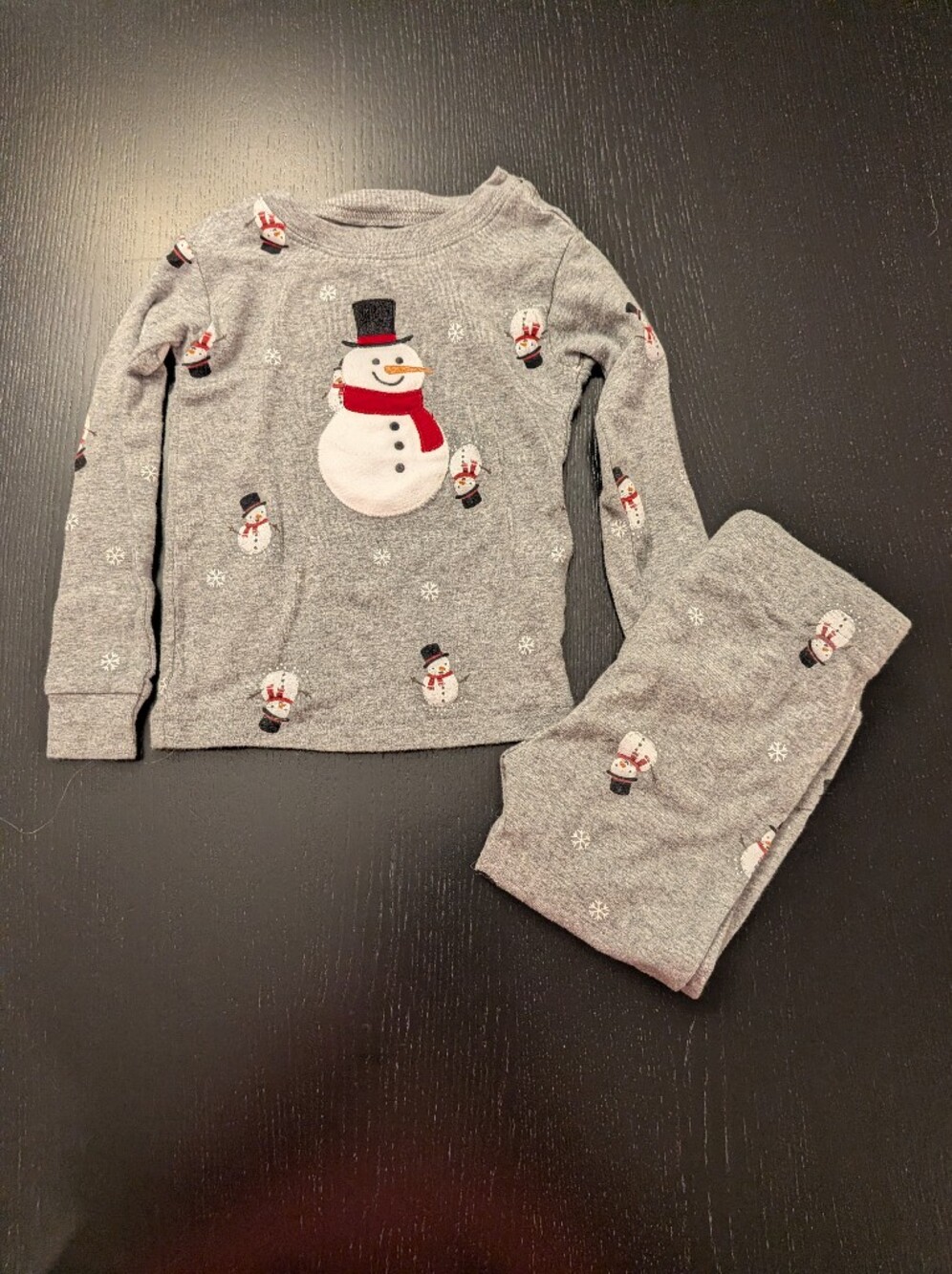 Kids Grey Snowman Pajama Set with Festive Applique